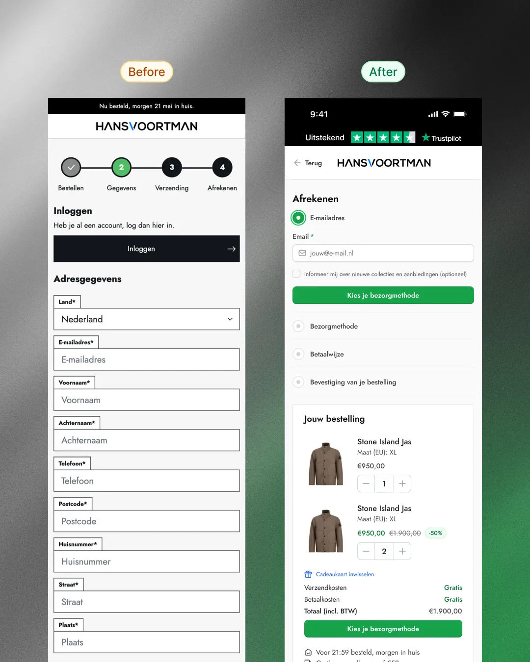 Before and after of checkout step 1 — old login wall and long address form versus the new single email field
