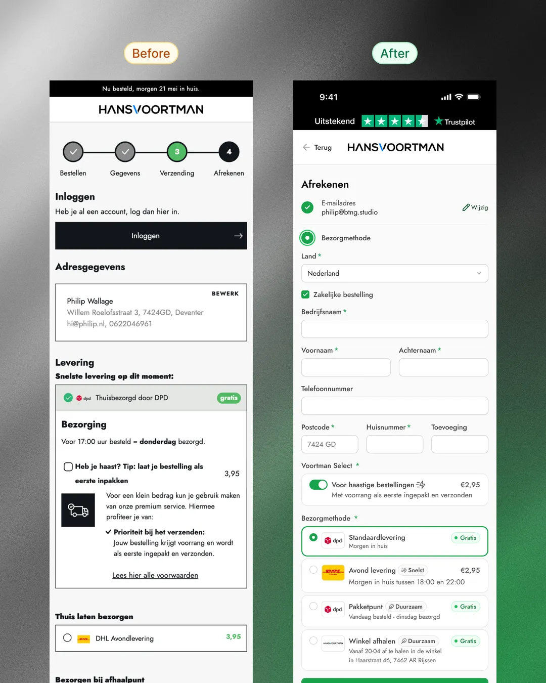 Before and after of checkout step 2 — old cluttered priority-packing card versus the simplified delivery list