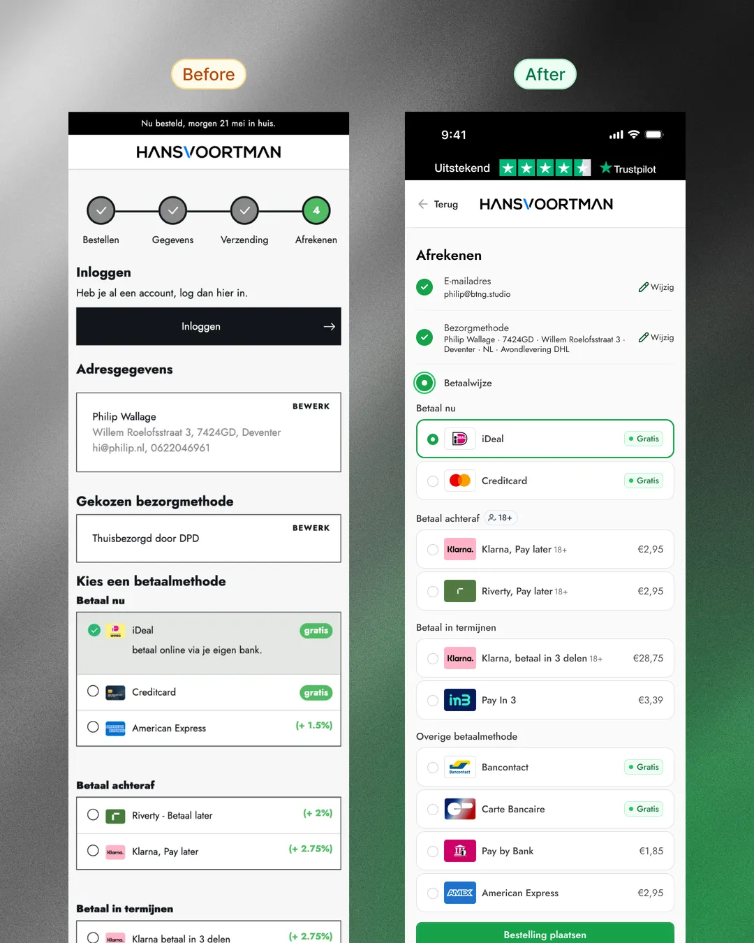 Before and after of checkout step 3 — old four-category payment list versus the regrouped three-group layout