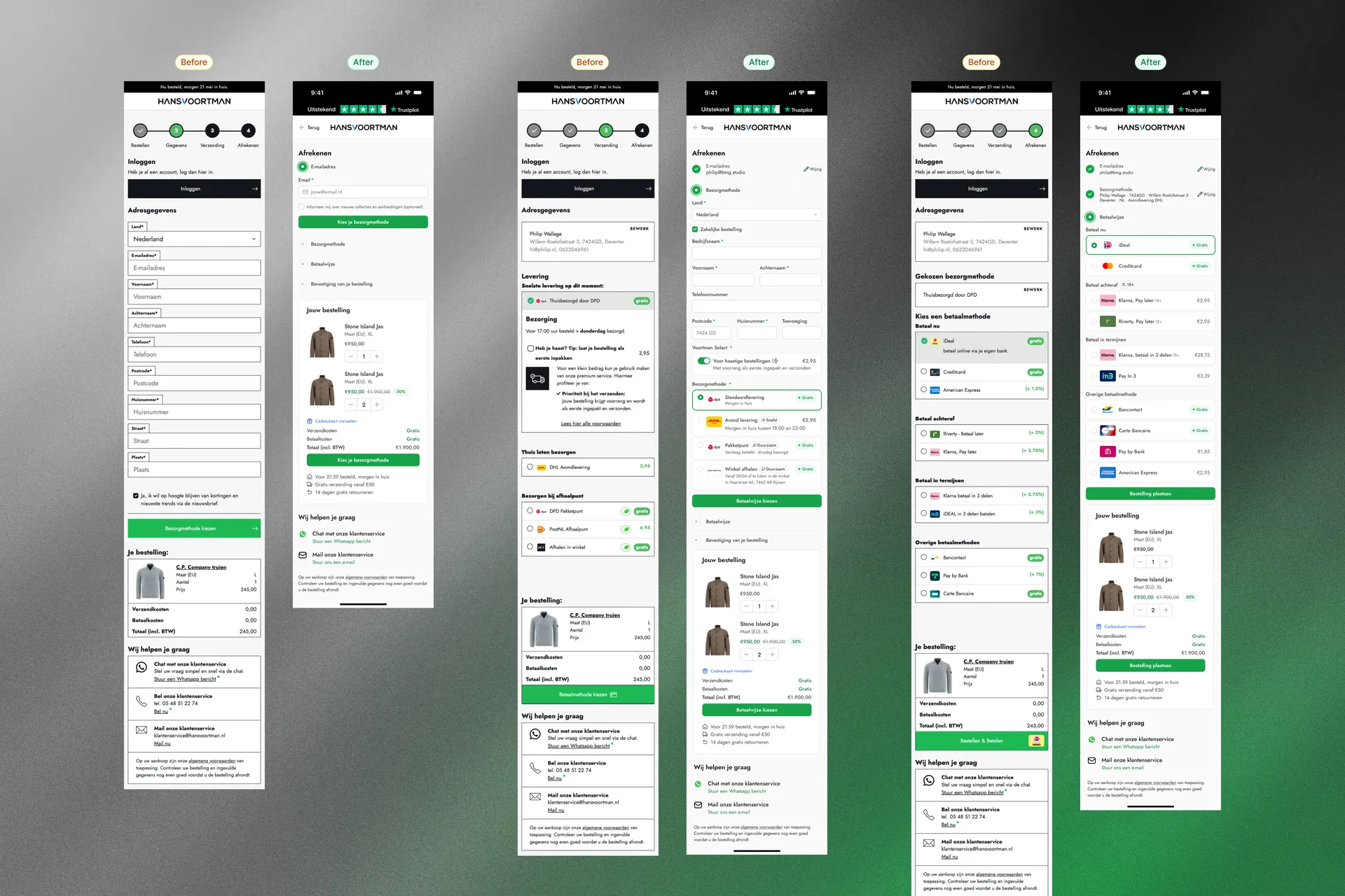 Before and after comparison of the HansVoortman mobile checkout across all three redesigned steps — email, delivery and payment