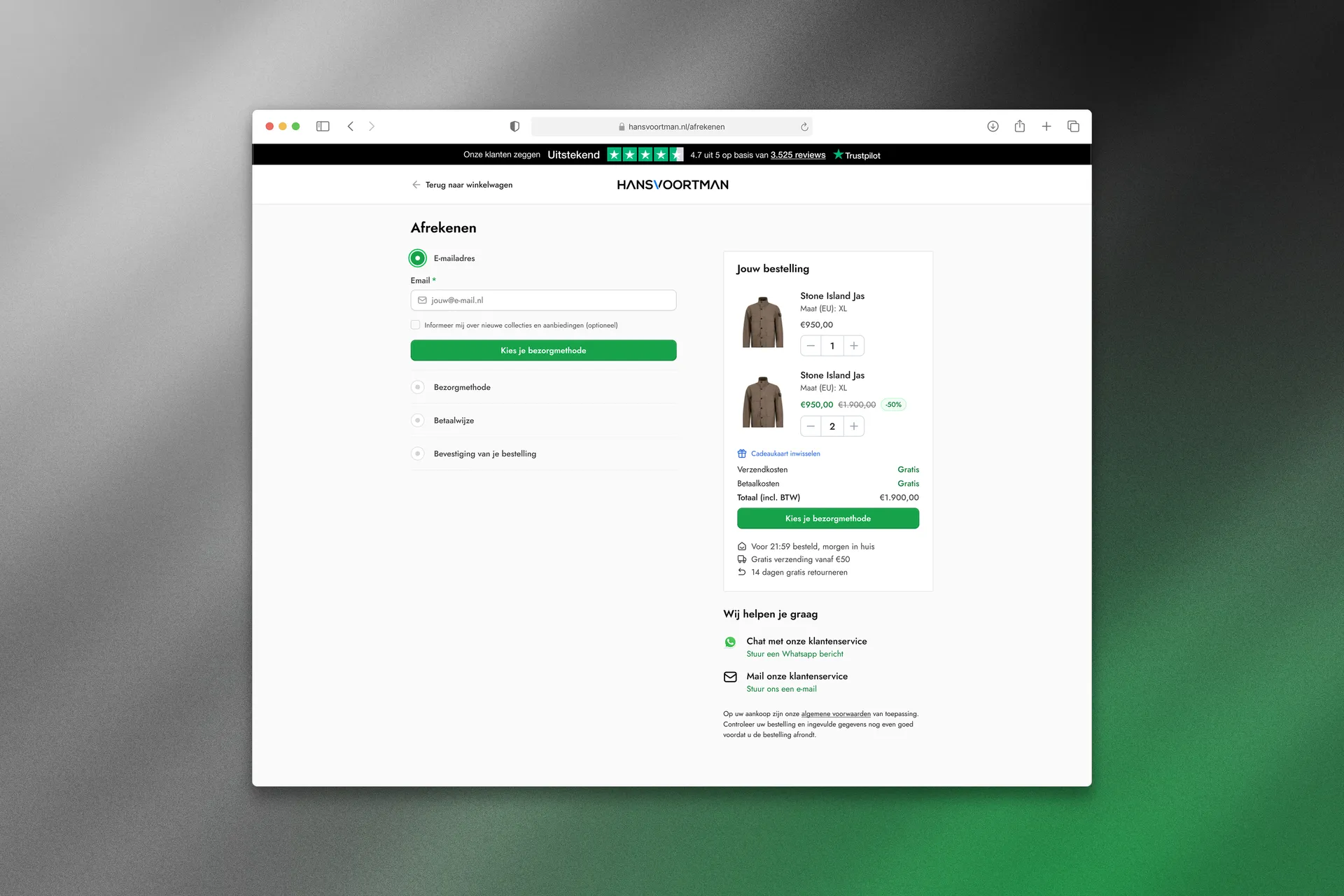 Redesigned checkout step 1 on desktop — a single email field with the order summary and free shipping shown upfront