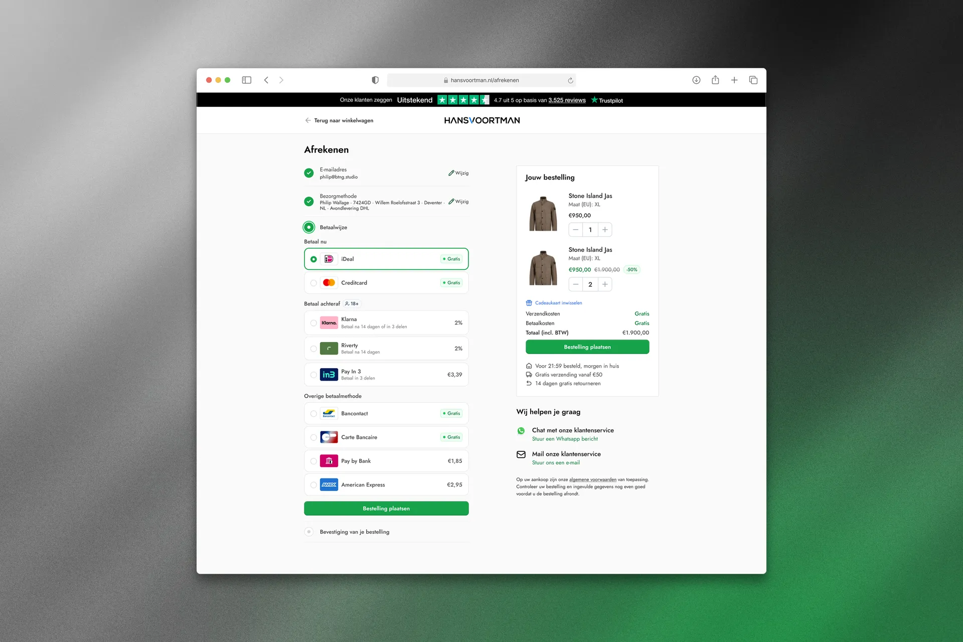 Redesigned checkout step 3 on desktop — payment methods grouped into pay now, pay later and installments with surcharges shown upfront