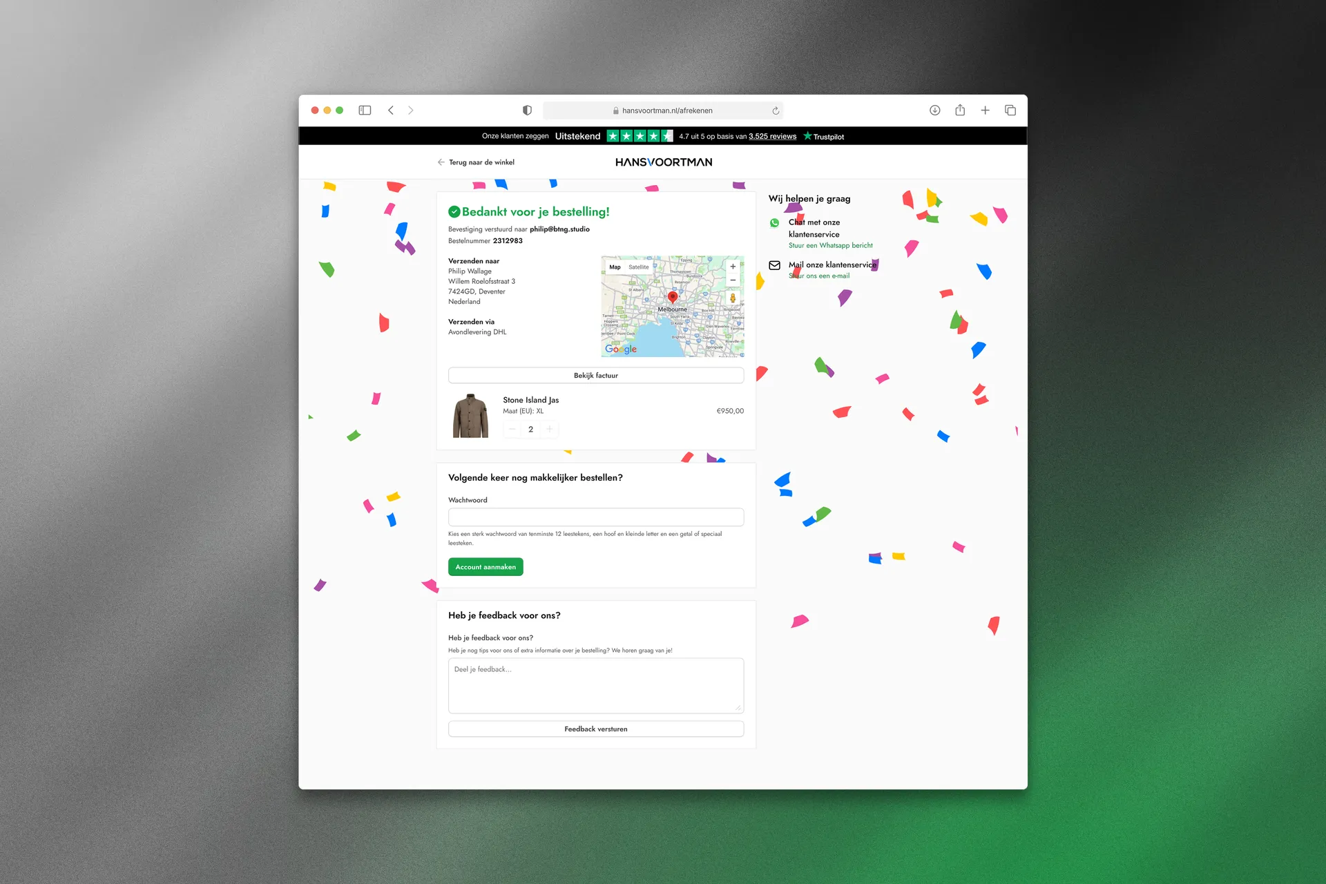 Redesigned checkout step 4 on desktop — clean order confirmation with one gentle account-creation prompt