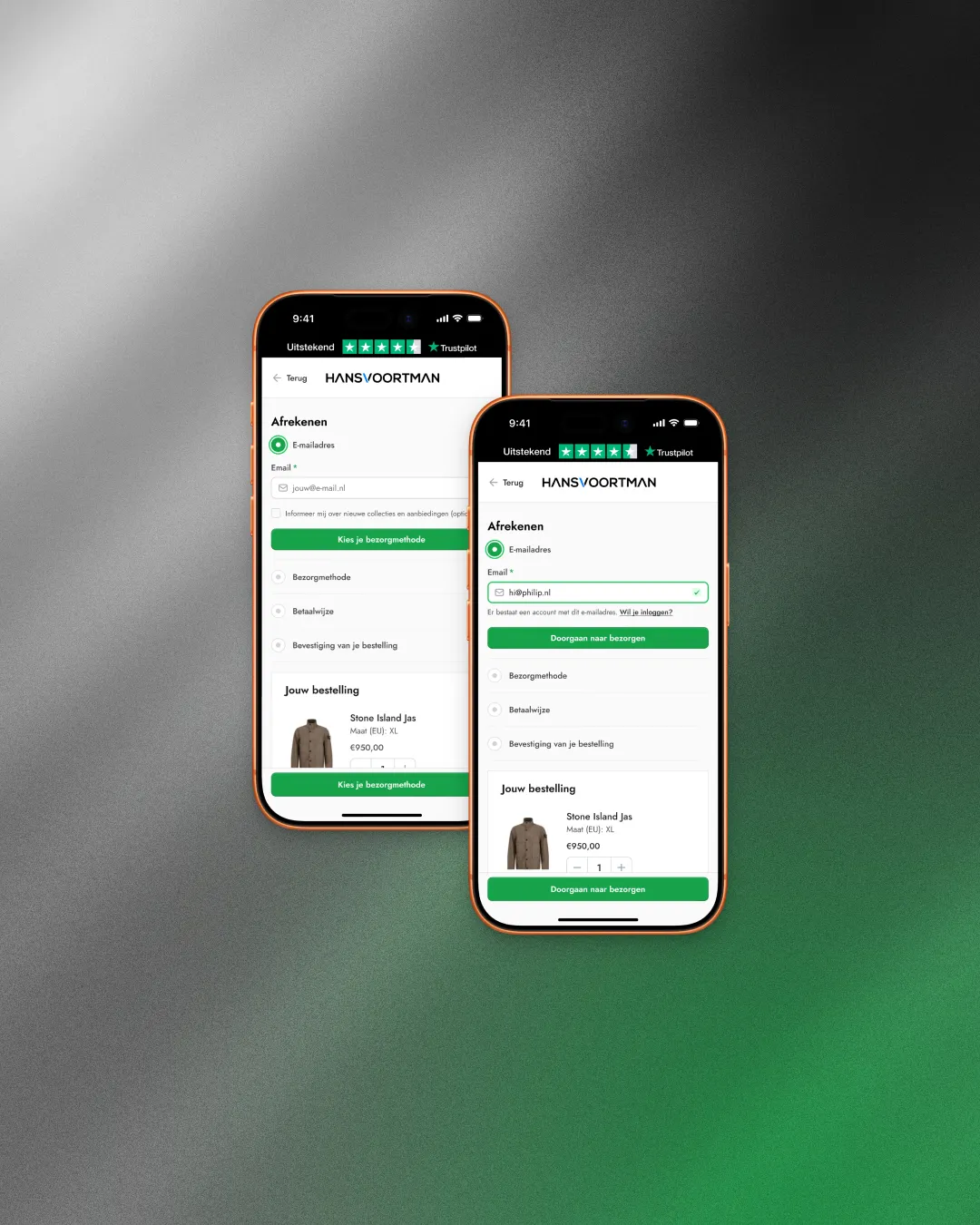 Mobile checkout step 1 — email entry, including the inline prompt shown when the email matches an existing account