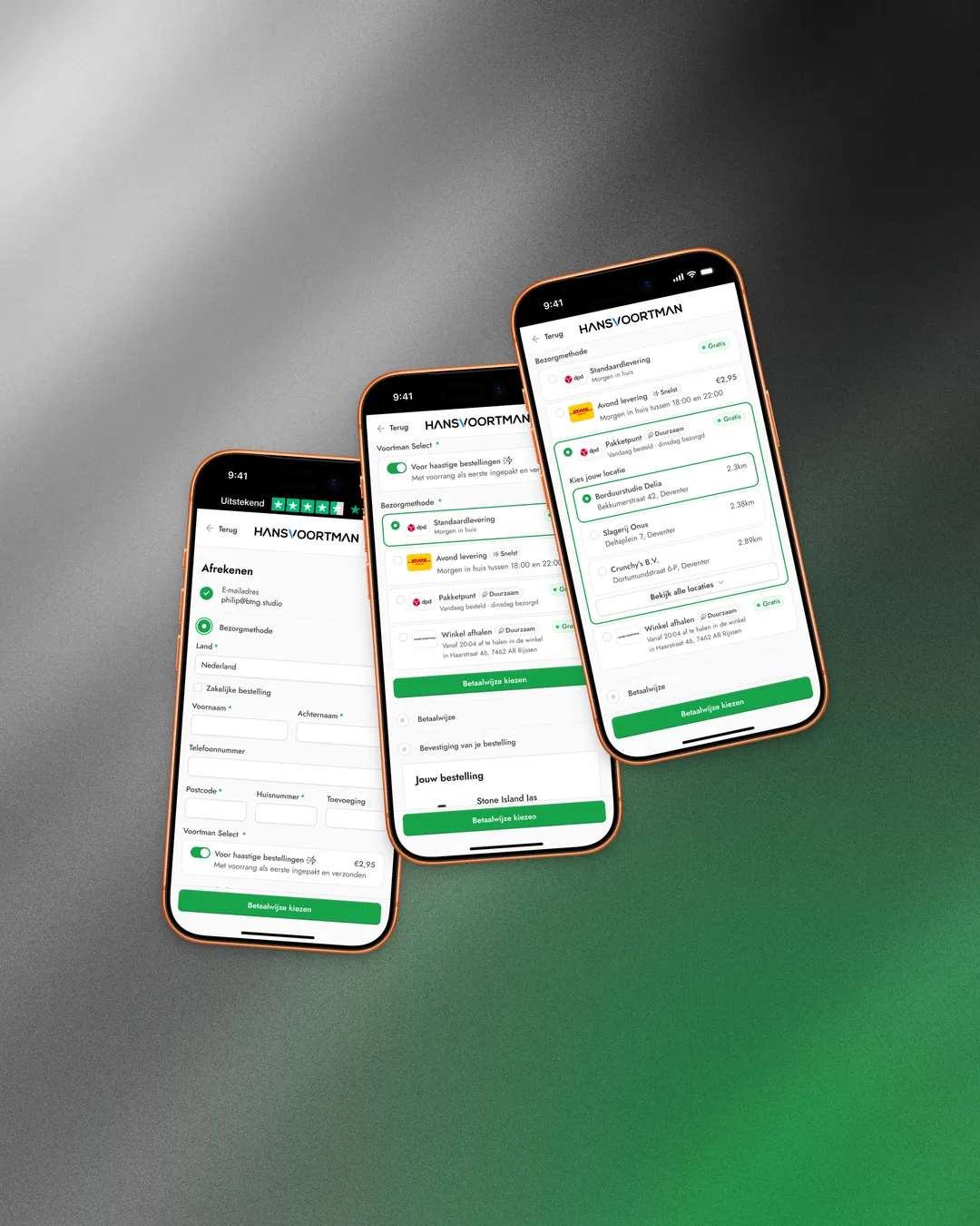 Mobile checkout step 2 — the redesigned delivery flow with the business-account toggle and opt-in priority packing