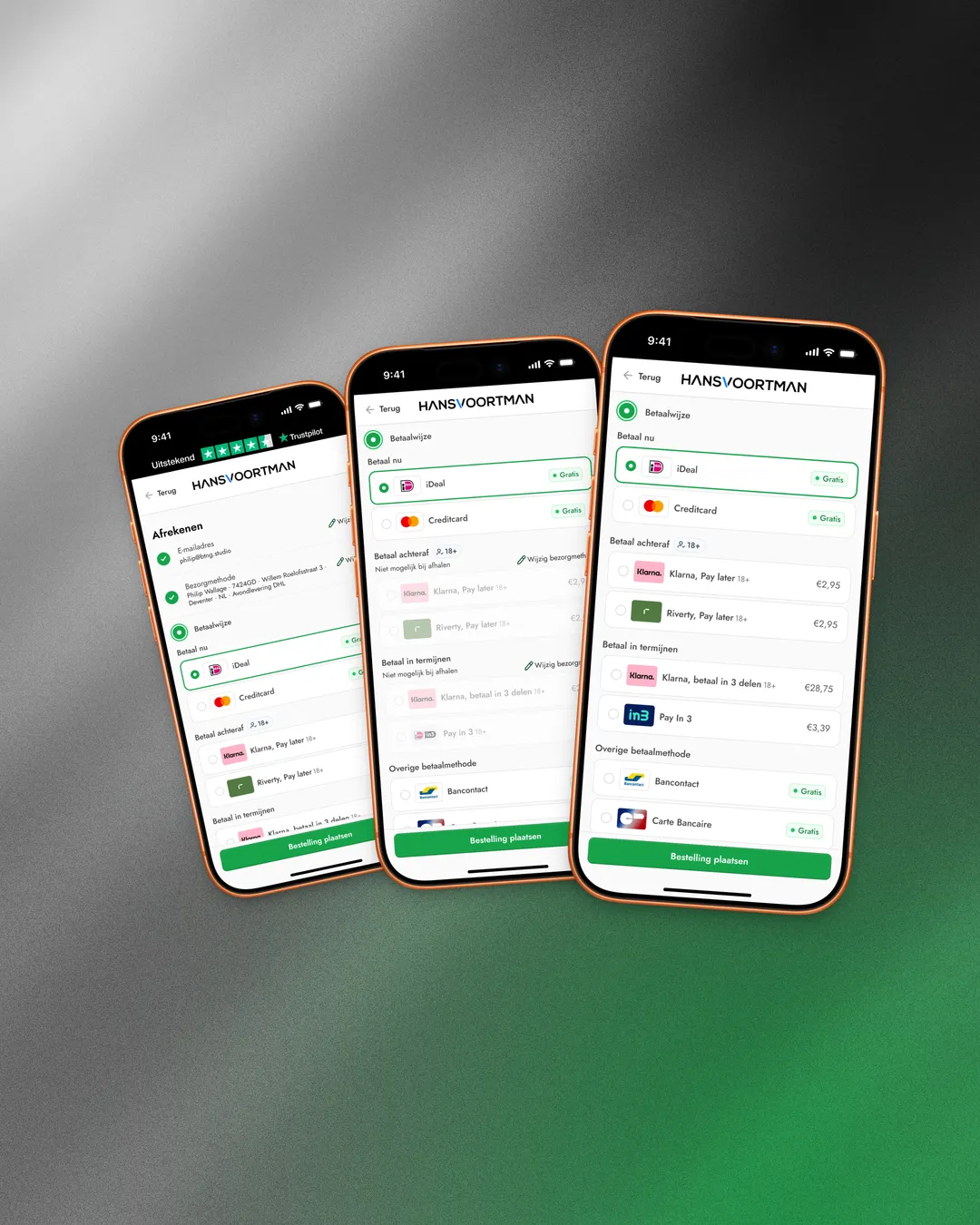 Mobile checkout step 3 — grouped payment methods with upfront surcharges and an 18+ indicator on buy-now-pay-later options