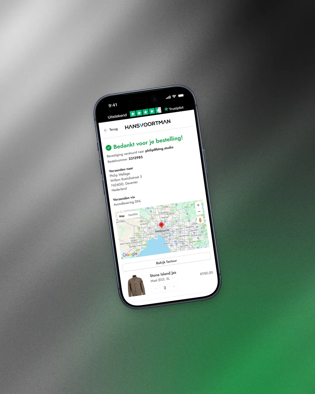 Mobile order confirmation — the full thank-you screen across the checkout flow