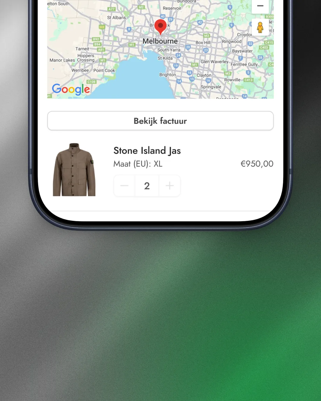 Close-up of the mobile thank-you page — delivery map, invoice link and order item