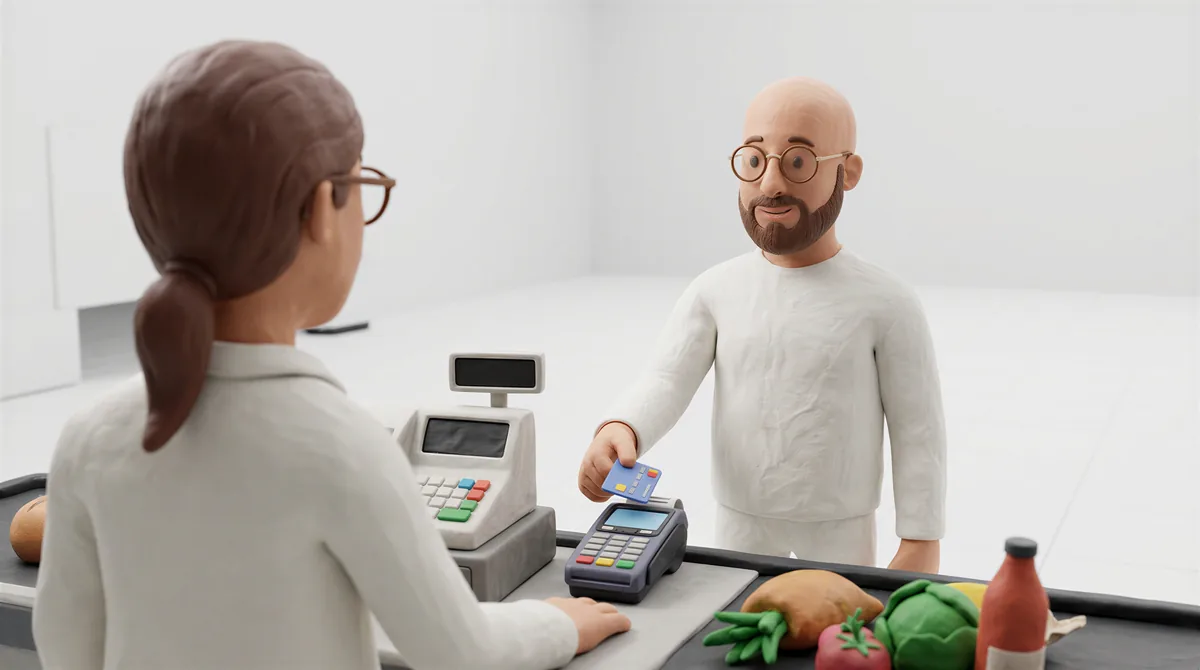 A clay scene at a supermarket checkout, card machine mid-payment.