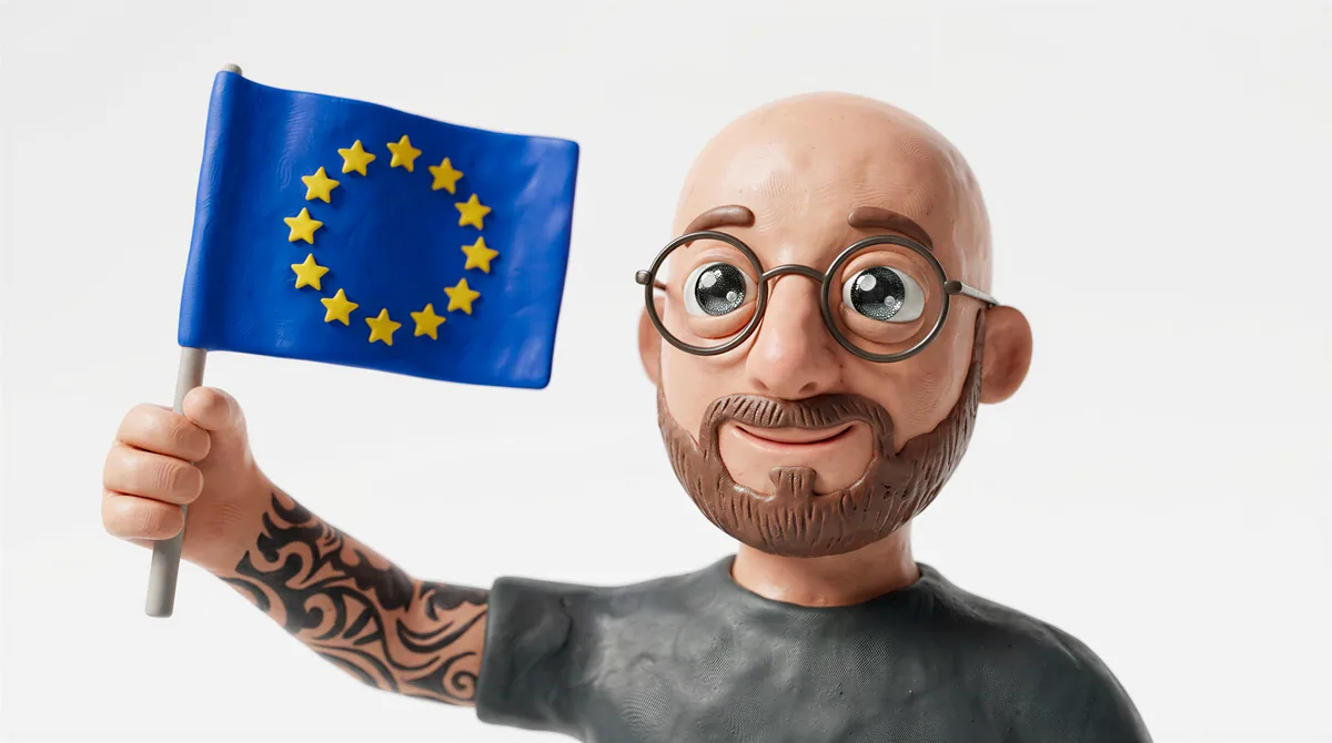 A clay figure of Philip waving a small European Union flag.