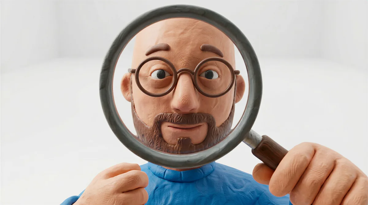 A clay figure of Philip peering through an oversized magnifying glass, one eye hugely enlarged.